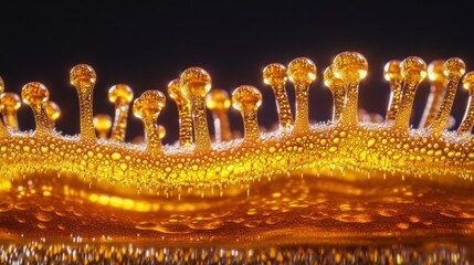 Poster - Close-up of golden liquid with bubbles and droplets, showcasing texture and light reflections.