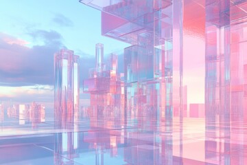 Poster - A futuristic landscape of transparent structures reflecting light in pastel colors.