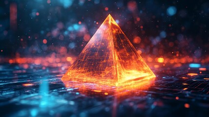 Poster - A stunning digital representation of a glowing pyramid emitting vibrant light against a dark, abstract background. Ideal for tech and design themes.