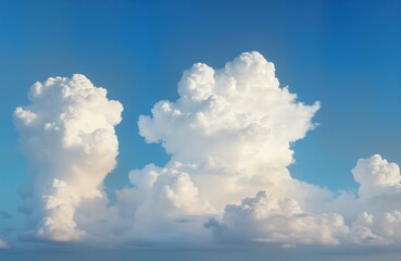 Poster - Blue summer sky cloudscape. White fluffy cumulus clouds float high. Sunny day nature scene. Bright light air space background. Beautiful environment image. Ideal for travel nature website design.
