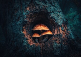 Aufkleber - A mystical scene featuring glowing mushrooms nestled in a tree hollow.