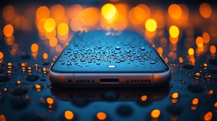 Poster - Wet smartphone on reflective surface with bokeh lights.