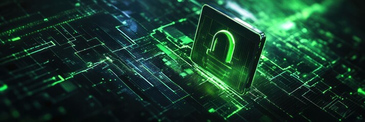 Poster - A digital representation of cybersecurity with a glowing unlocked padlock on a circuit background.