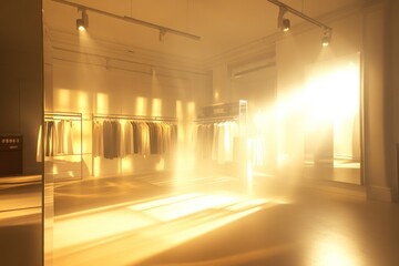 Poster - A sunlit clothing store with hanging garments and soft lighting.