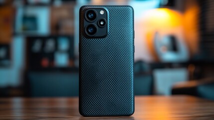 Poster - Modern smartphone with textured case on wooden table.