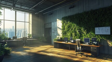 Aufkleber - A modern office space with plants, large windows, and workstations, promoting a fresh atmosphere.