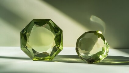 Aufkleber - Two faceted green glass objects casting shadows on a light surface.