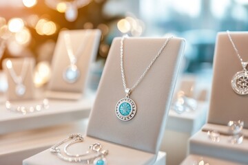 Poster - A display of elegant jewelry featuring a turquoise pendant and silver pieces.
