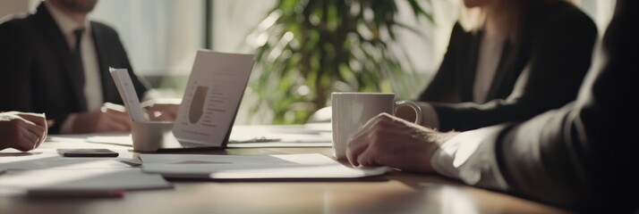 Poster - A business meeting with documents and coffee cups on a table.
