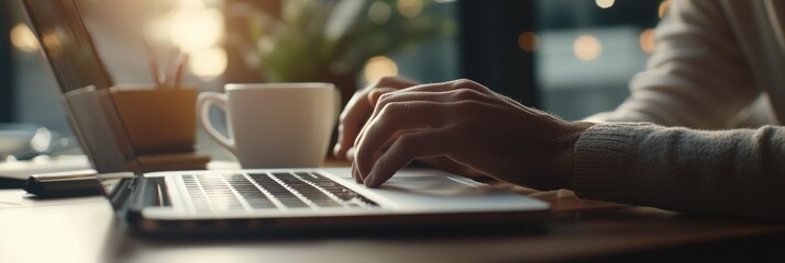 Poster - A person typing on a laptop with a coffee cup and a plant nearby, in a cozy setting.