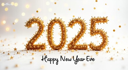 Poster - 2025 New Year Eve. Gold number design. Festive background. Celebration card. Winter holiday. Abstract art. Decor element. Party poster. Golden textured pattern. Modern design. Elegant event template.