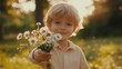 © Nata - A young boy is holding a bouquet of flowers in a field. The scene is bright and cheerful, with the sun shining down on the boy and the flowers