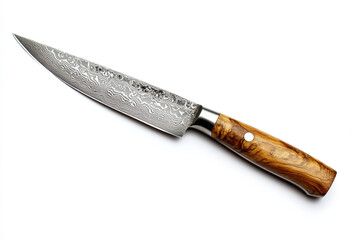 a damascus steel chef knife isolated on white, handle crafted from olive wood.