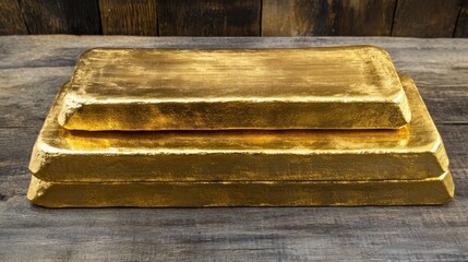 Two Shiny Gold Bars Resting On Wooden Surface