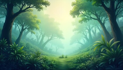 Poster - Misty jungle path. Green plants. Sunlight filters through trees. Calm atmosphere. Peaceful nature scene. Tropical forest. Perfect for eco travel brochure. Ideal wallpaper background. Represents
