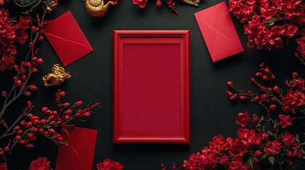 Poster - A red-themed flat lay featuring a blank frame, envelopes, and floral decorations.