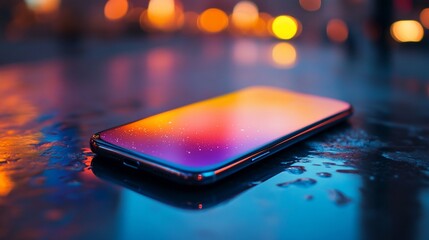Poster - Smartphone on wet table at night with colorful bokeh.