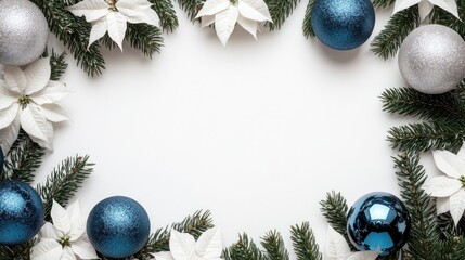 Poster - A festive arrangement with blue and silver ornaments surrounded by white poinsettias and greenery.