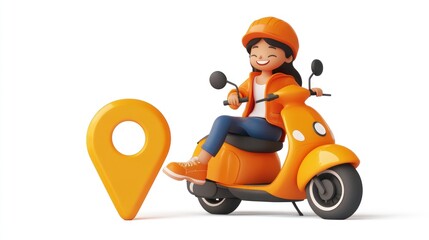 Poster - A cheerful cartoon character riding an orange scooter next to a location pin.