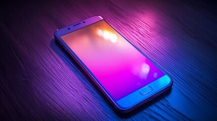 Poster - Smartphone on wooden surface with colorful lighting.