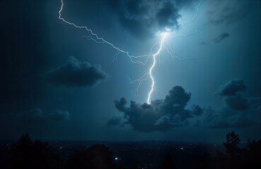 Poster - Night stormy sky. Bright lightning bolt strikes dark clouds. City lights visible below. Dramatic weather. Thunderstorm. Nature energy. Urban landscape.