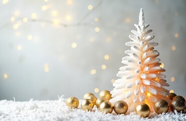 Poster - White snowy Christmas tree golden ornaments. Bright holiday background. Festive winter decor. New Year celebration. Gift card design. Minimalist Xmas style. Trendy holiday concept.