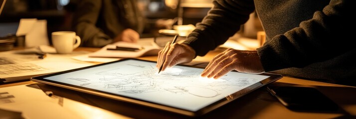 Poster - A person using a digital tablet for design work in a cozy, well-lit workspace.