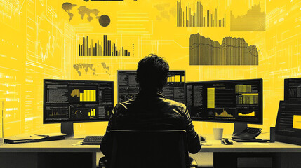 Data Analyst Working Late  Global Market Analysis  Financial Charts  Business Intelligence