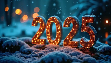 Poster - Illuminated 2025 sign rests snow covered ground. Winter night scene. Festive New Year celebration. Abstract design. Bright lights shine. Perfect for holiday cards websites