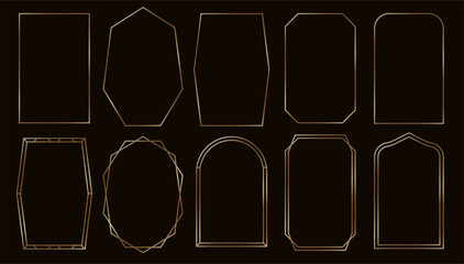 Poster - Simple golden frames. Thin gold borders in art deco retro style. Subtle linear shining rectangular photo frame, brass glowing shiny boarder. Vector luxury minimalist windows.
