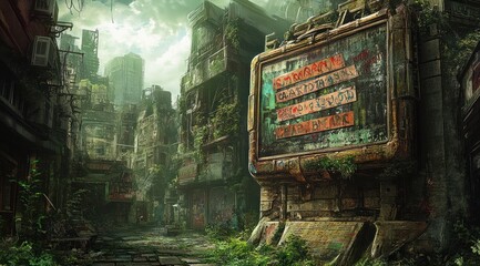 Poster - A post-apocalyptic urban landscape overtaken by nature, showcasing decayed buildings and signage.