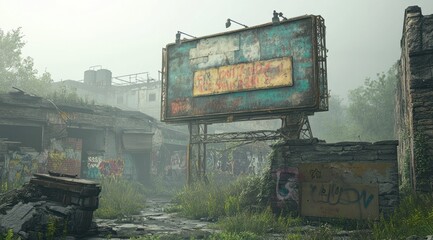 Poster - An abandoned urban scene featuring a weathered billboard amidst overgrown vegetation.
