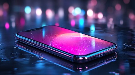 Poster - Smartphone reflecting neon city lights on wet surface.