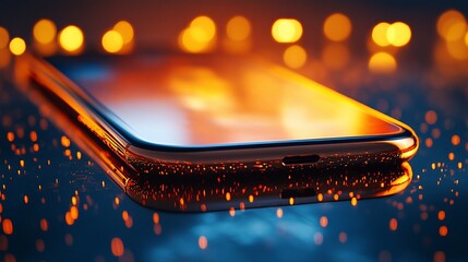 Poster - Golden smartphone reflecting warm lights on dark surface.