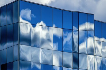 Poster - Reflection of clouds on a modern glass building, showcasing architectural design.
