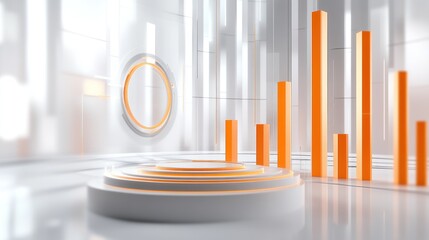 Poster - A modern, minimalistic space featuring orange bar graphs and circular elements.