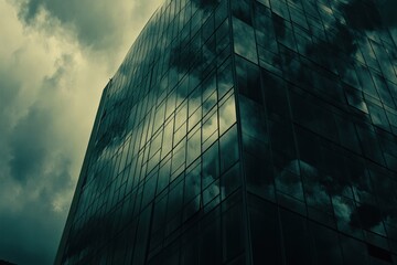 Poster - A modern glass building reflecting dark clouds, creating a dramatic atmosphere.