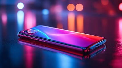 Poster - Smartphone with vibrant neon light reflection.