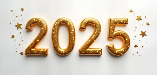Poster - Gold 2025 New Year numbers shine on white. Golden stars surround digits. Festive holiday image. Perfect for cards invitations websites. Celebratory New Years Eve design.