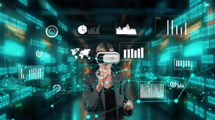 Wall Mural - Woman searching by log in password dynamic market data sliding world analysis by VR of future global innovation interface digital infographic network technology virtual hologram server. Contraption.