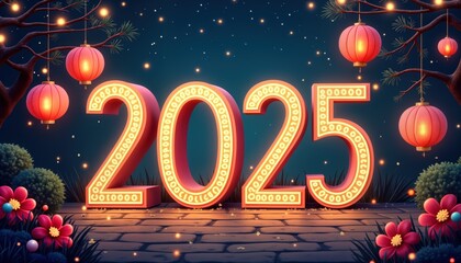 Poster - 2025 New Year greeting card design. Glowing numbers 2025 with Chinese lanterns. Festive night scene. Holiday celebration template. Party invitation. Visual illustration. Happy New Year background.