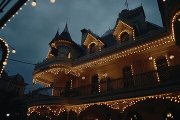 Poster - A beautifully lit architectural building at dusk, adorned with decorative lights.