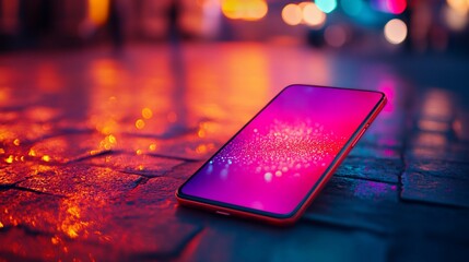 Poster - Smartphone on wet cobblestone street at night.