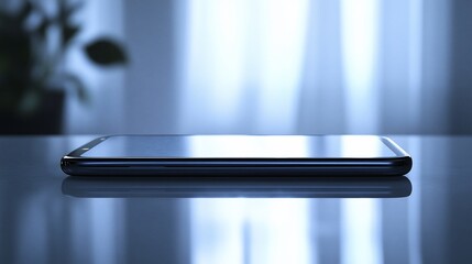 Poster - Sleek smartphone rests on a reflective surface, near a window.