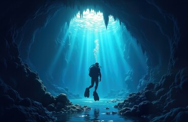 Aufkleber - Scuba diver explores underwater cave. Diver swims through dark aquatic cavern. Beams light illuminate diver. Ocean cave exploration. Water adventure. Scuba diving sport. Marine life habitat.