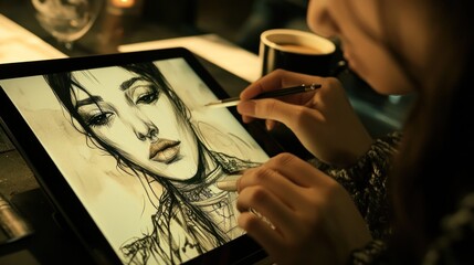 Poster - A person creating digital art of a woman's portrait on a tablet in a cozy setting.