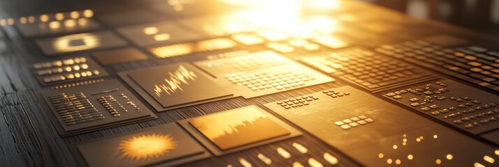 Poster - A collection of illuminated panels displaying various data visualizations and patterns.