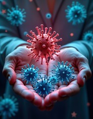 Poster - Human hands hold virus models. Infection spread concept. Medical research. Public health. Pandemic risk. Disease prevention. Immune system. Colorful abstract art. Science danger. Virus attack.