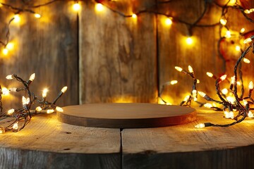 Wall Mural - warm festive lights around empty wooden stage
