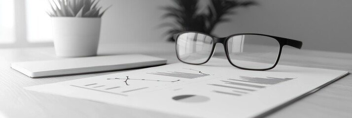 Poster - A workspace scene featuring glasses, a document, and a plant, suggesting productivity.